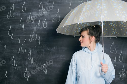 Preview: woman under umbrella on drawn raindrops background