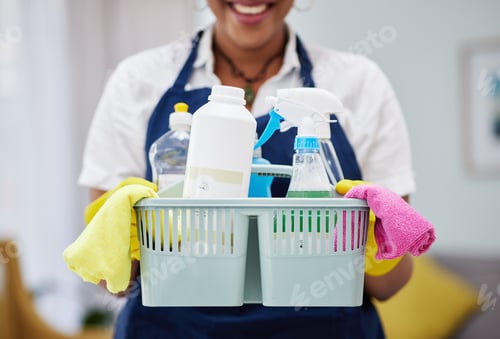 Preview: Cleaning, chemical and basket with hands of woman in living room for hygiene, dust and bacteria. Sp