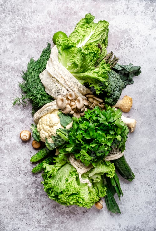 Preview: Fresh Food Background. Reusable Eco Fabric Bags for Storage with Green Vegetables