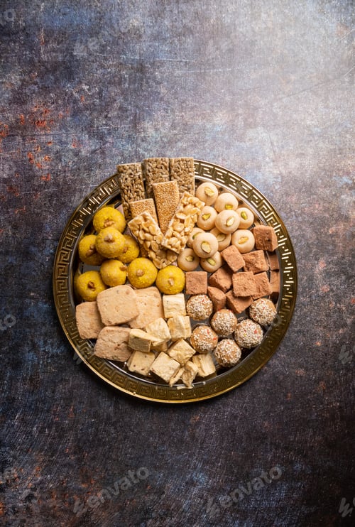 Preview: traditional indian sweets on concrete background flat lay