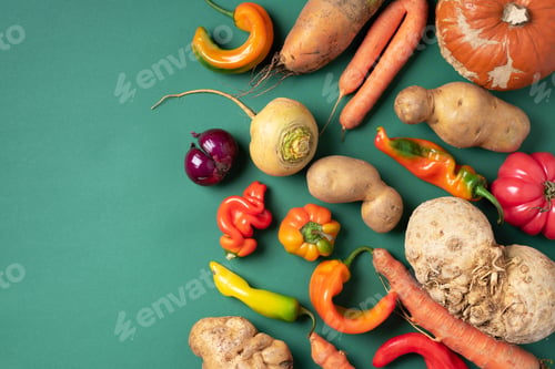 Preview: Trendy ugly organic vegetables. Assortment of fresh eggplant, onion, carrot, zucchini, potatoes