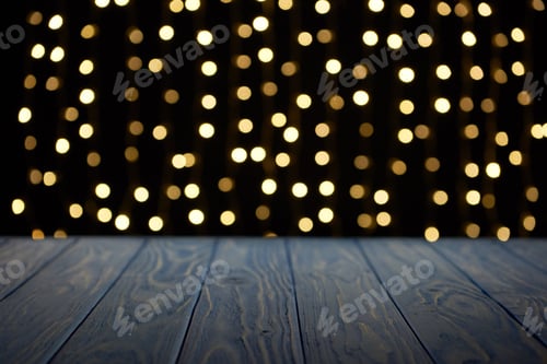 Preview: empty wooden surface and beautiful golden bokeh background