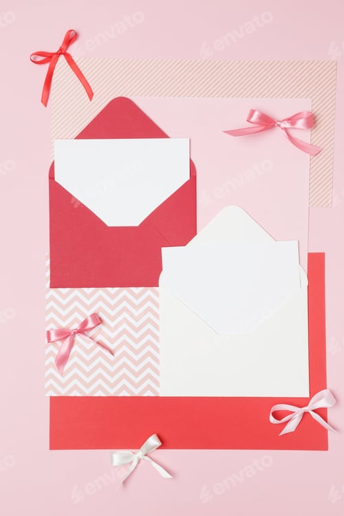 Preview: Composition with envelopes and blank cards. Invitation to celebration, handwritten response to gift