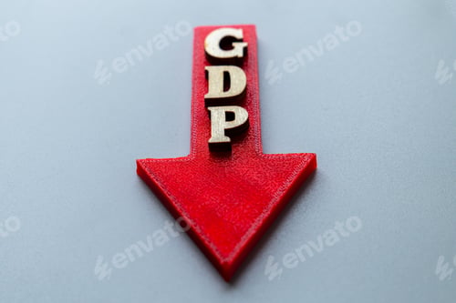 Preview: A red arrow points downwards, with wooden block letters spelling "GDP".