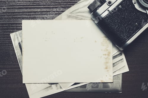 Preview: retro still camera and some old photos on wooden table