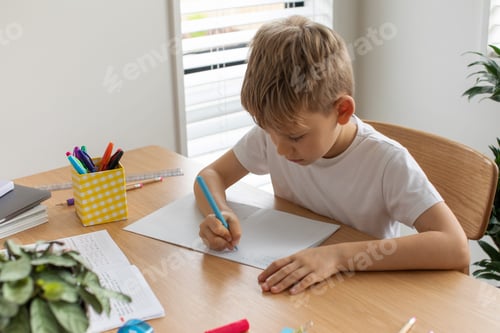Preview: Cute boy doing school homework at home. Distance education. Online education.