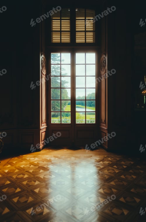 Preview: Beautiful hall in victorian style in Benrath castle, pink walls and big door with window