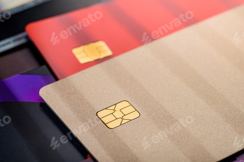 Preview: Stack of multicolored credit cards, close up view with selective focus.
