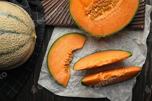 Preview: Flat lay composition with ripe cantaloupe melon on black wooden table