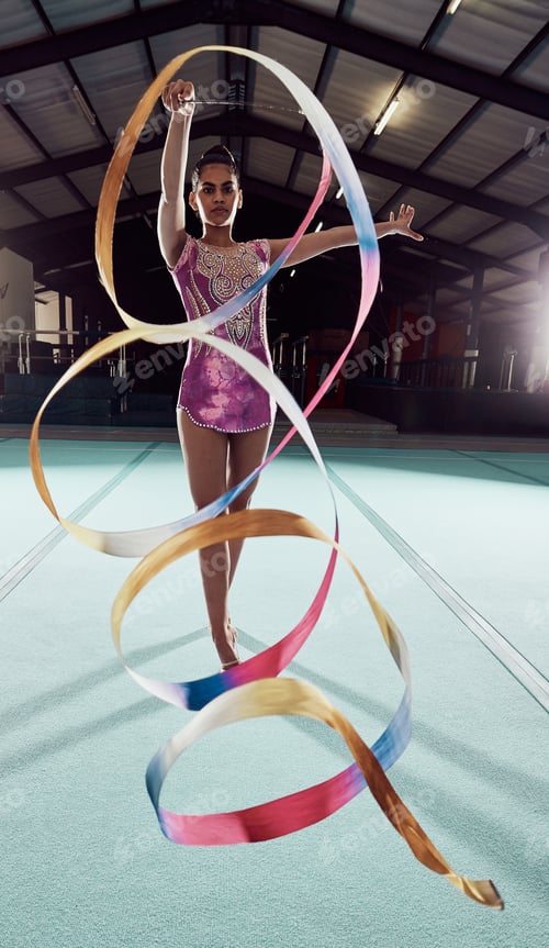 Preview: Gymnastics professional, sports training ribbon dance in arena and rhythmic athlete girl practice.