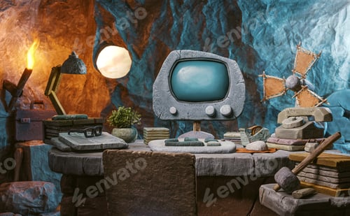 Preview: Prehistoric office desk and computer made of stone