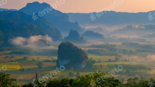 Preview: Sunrise with fog and mist at Phu Langka mountains in Northern Thailand, Mountain View of Phu Lanka