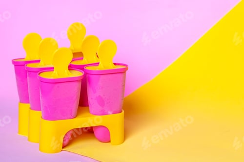 Preview: Homemade popsicles, ice cream sticks on bright pink yellow colors background