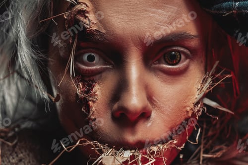 Preview: Horror cosplay of scarecrow with lenses and make up