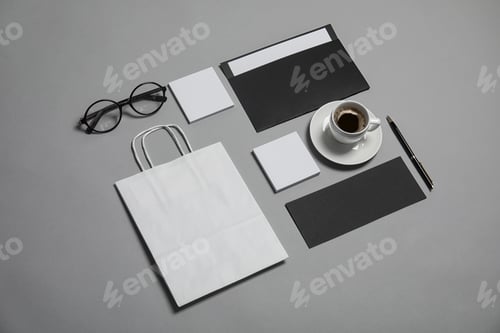 Preview: Composition with stationery on grey background. Mock up for design