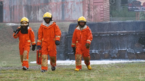 Preview: Firefighter Rescue training in fire fighting extinguisher. Firefighter fighting with flame