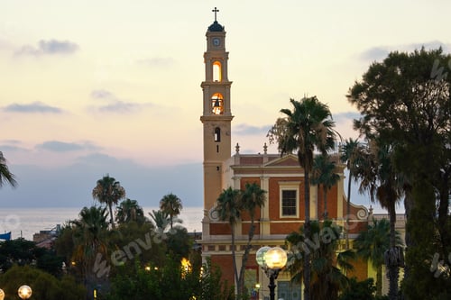 Preview: Panorama of old Jaffa at sunset Saint Peter Church evening July
