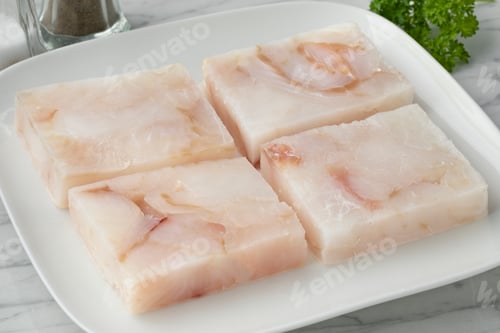 Preview: Dish with frozen cod fish fillets to thaw