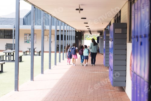 Preview: In school, a diverse group of students follows a teacher with copy space outdoors