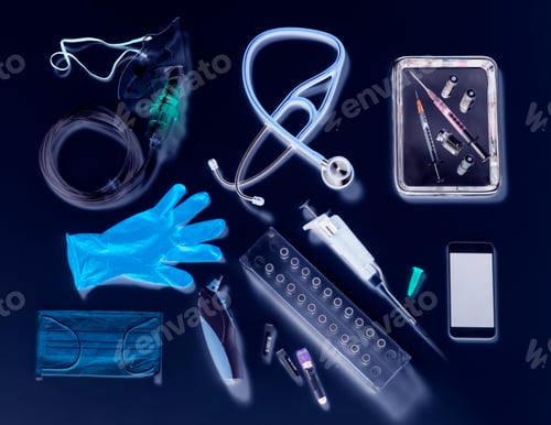 Preview: Assorted medical equipment and supplies neatly arranged on a dark background