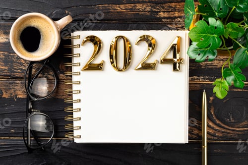 Visualização: Resoluções de ano novo 2024 na mesa. Lista de resoluções de 2024 com notebook, xícara de café na mesa