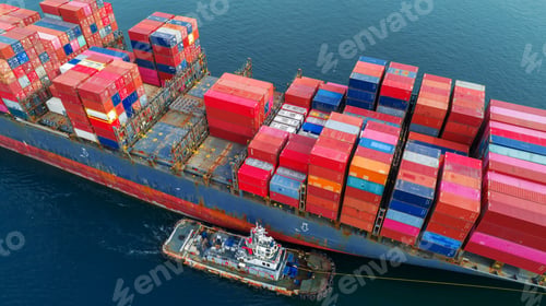 Preview: Aerial top view of cargo ship carrying container and running with tug boat for import export goods