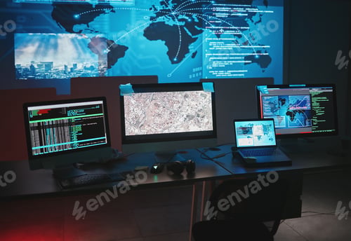 Preview: Cybersecurity, computer and global network info with map graphic for phishing and hacker data. Cybe