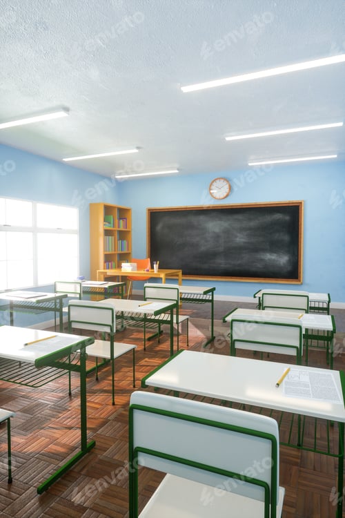Preview: Interior of sunlit classroom with chalkboard. 3d render