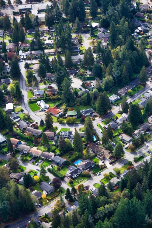 Preview: Aerial View of Residential Homes in a green neighborhood during a sunny morning