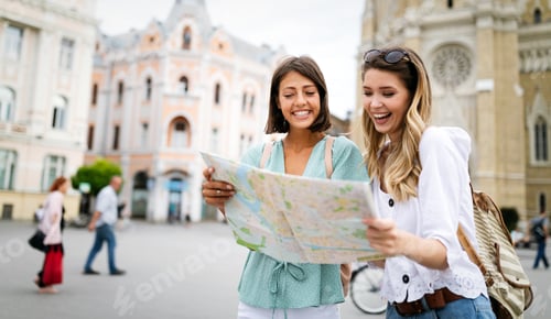 Preview: Fun, friends, travel and tourism concept. Beautiful girls looking for direction in the city
