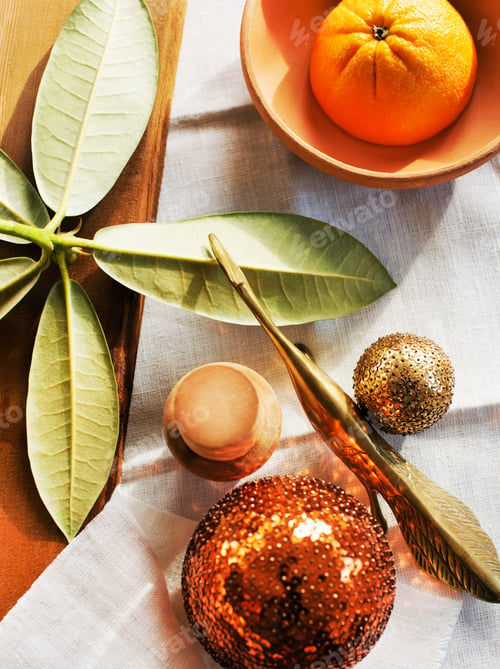 Preview: Still life with ornamental balls and orange