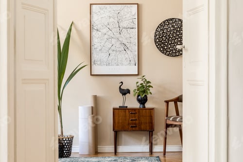Preview: Modern scandinavian living room interior with brown mock up poster frame.