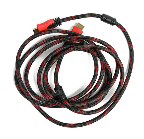 Preview: Twisted cable in a textile black sheath on a white background, hdmi adapter