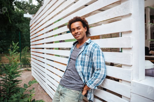 Preview: Happy handsome african young man standing outdoors