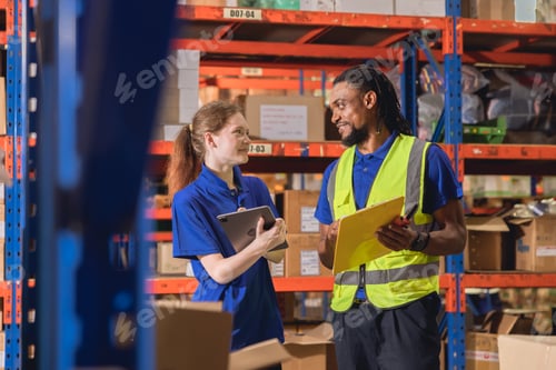 Preview: warehouse inventory worker happy working together diversity team friend at work cargo products depot