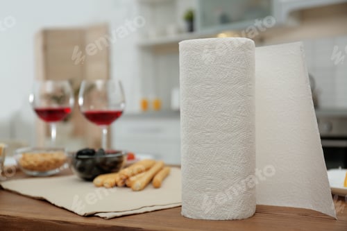 Preview: Roll of paper towels on table in kitchen, space for text