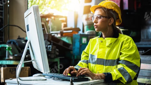 Preview: Woman with yellow helmet work on computer inside the heavy industry factory