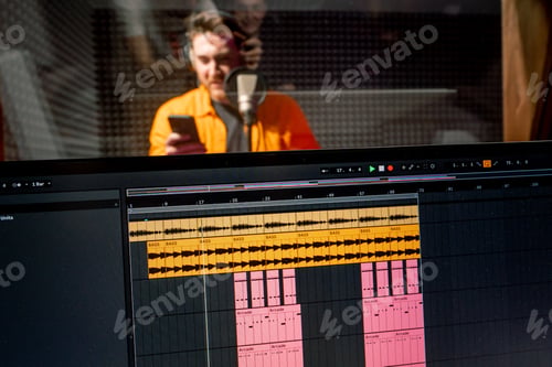Preview: artist recording new song in recording studio sound engineer watching tracks on display