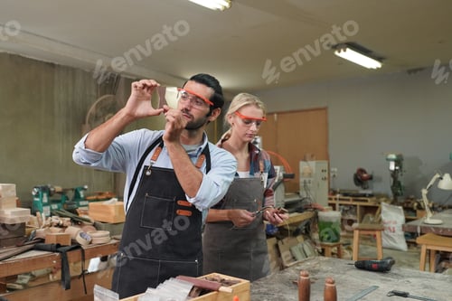 Preview: Carpenters Assembling Furniture, Small business in wood DIY workplace office background