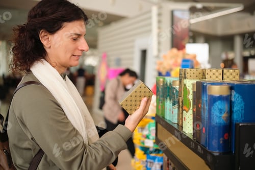 Preview: Woman shopping for product at airport duty free store