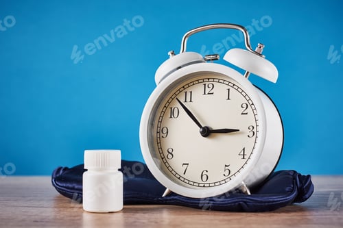 Preview: Insomnia problem concept. Alarm clock, sleeping mask and pills on a blue background