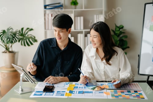 Preview: Asian businessman and woman people meeting in office. Employee brainstorm and work