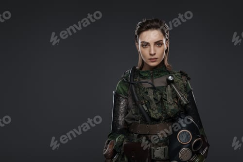 Preview: Portrait of a woman in military attire against a gray background