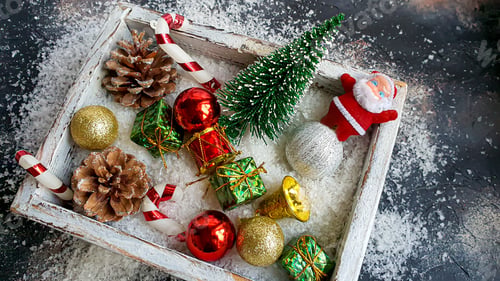 Preview: Christmas and New Year. Festive background with fir branches, Christmas tree, Christmas toys