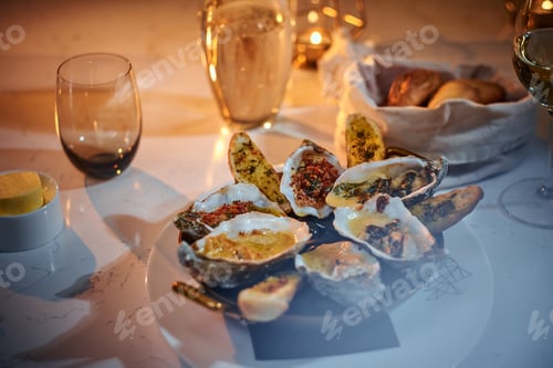 Preview: Rich and luxury dinner in a restaurant, close up
