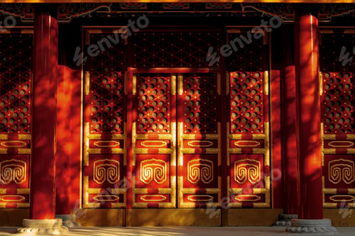 Preview: Detail of the exterior of the Summer Palace in Beijing with golden and red doors