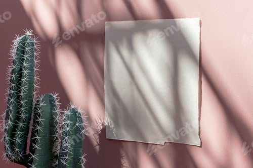 Preview: White poster template on a pastel pink wall by cacti