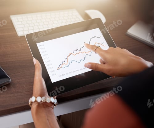 Preview: Tablet screen, data analytics and hands of woman for stock market research, analysis and statistics