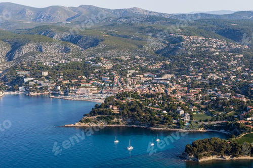Preview: aerial view of beautiful village and calm sea with harbour and yachts in Calanques de Marseille