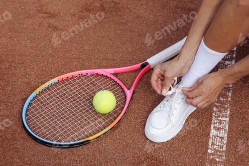 Preview: Female tennis player tying shoelace on clay court, racket and ball closeup